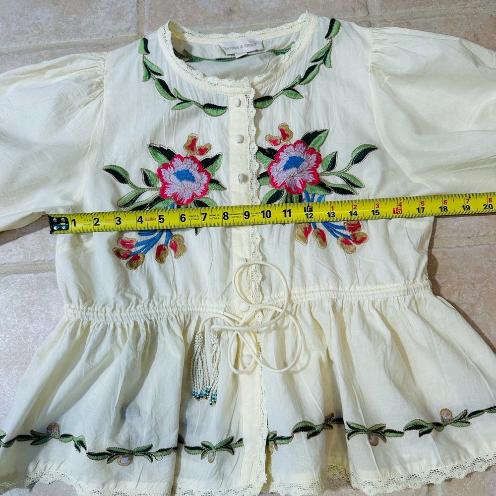 Embroidered Floral Peplum Blouse S Bohemian Summer Cotton Hippie Casual Retro - Picture 3 of 8